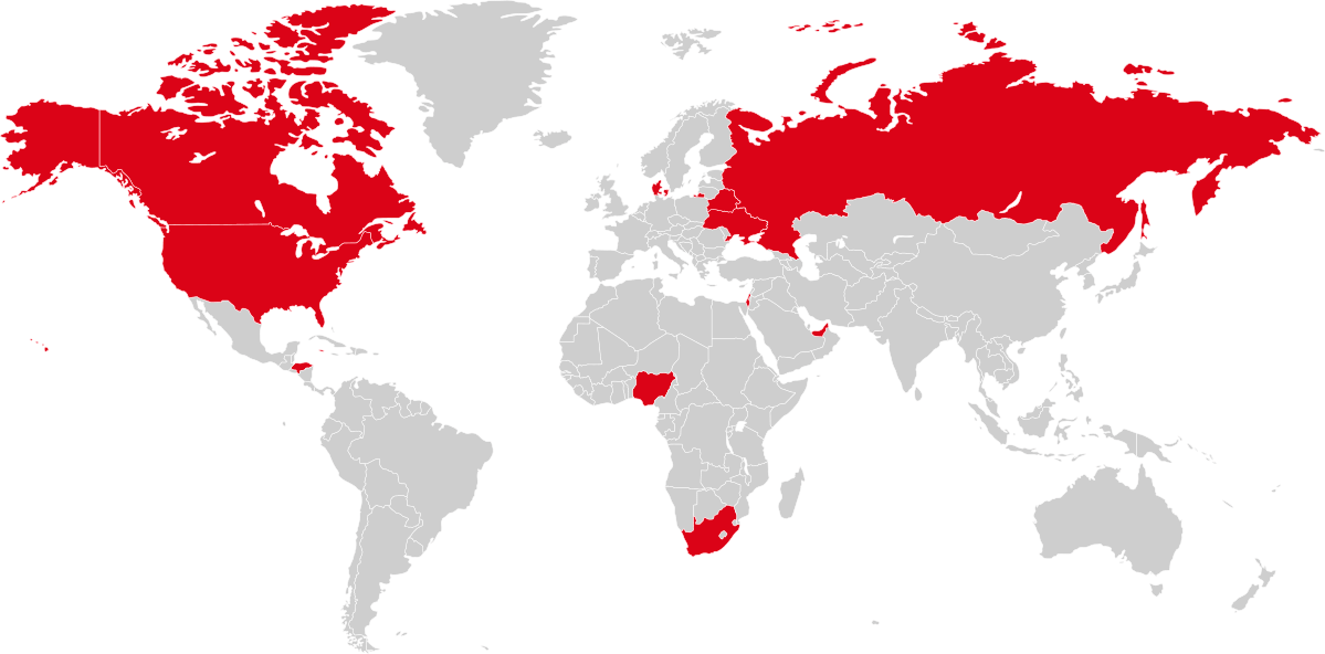 Global presence map - Almes doors available in major cities worldwide including San Francisco, Quebec, Copenhagen, Israel, and more